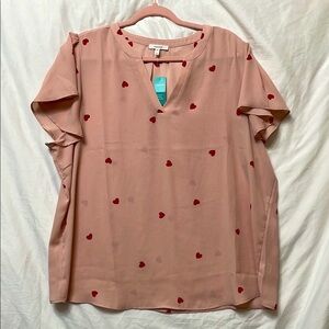 NWT ❤️ Maurices Lightweight Flutter Short Sleeve Pink Blouse with Red Hearts, 1X